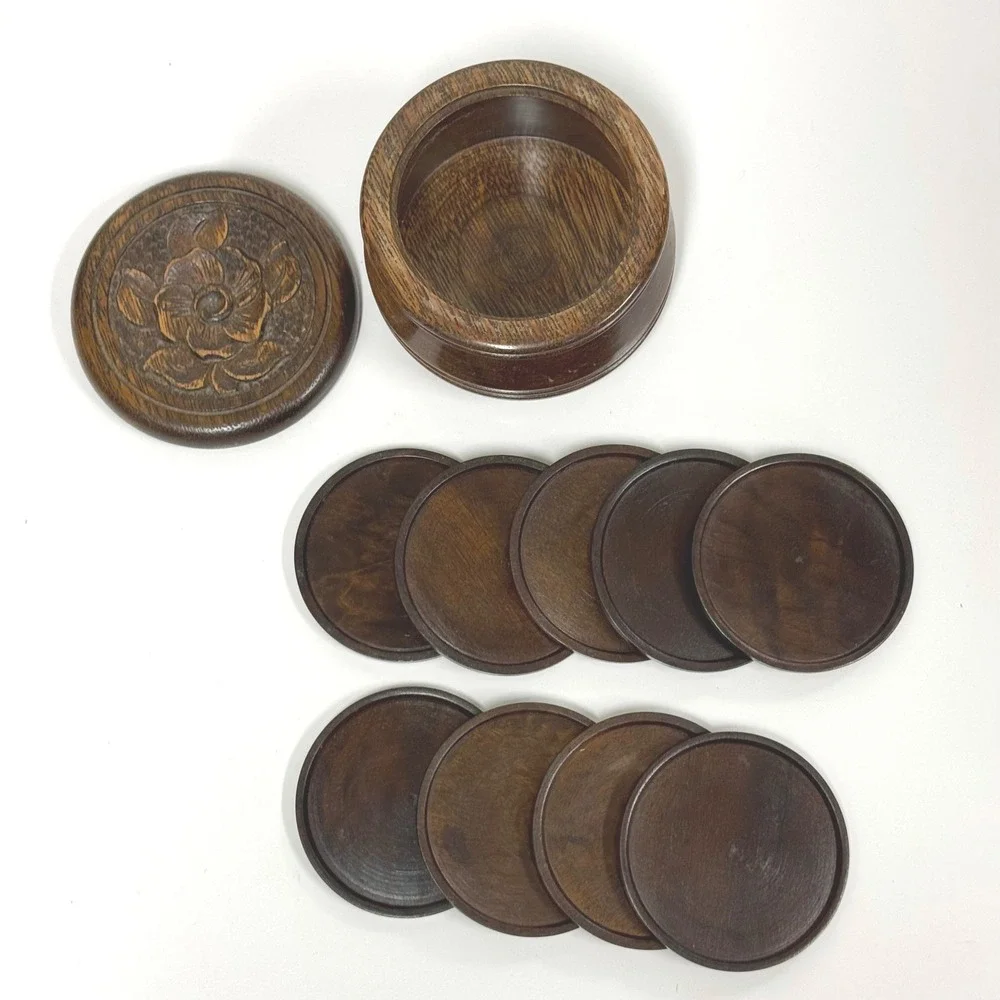 Vintage Hand Carved Round Wood Coaster Set of 9 with Floral Lidded Storage Box